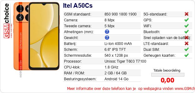 Itel A50Cs Technische gegevens Itel A50Cs Technische gegevens