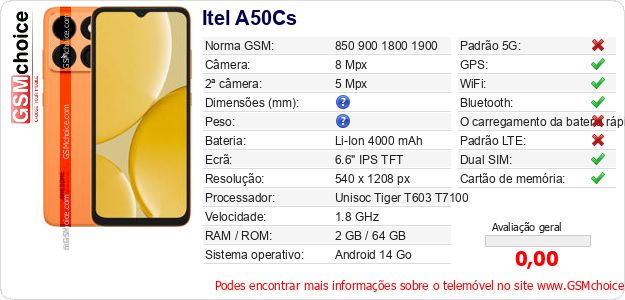 Itel A50Cs Especificações técnicas do telemóvel Itel A50Cs Especificações técnicas do telemóvel
