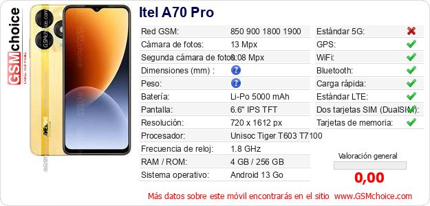Itel A70 Pro Datos técnicos del móvil Itel A70 Pro Datos técnicos del móvil