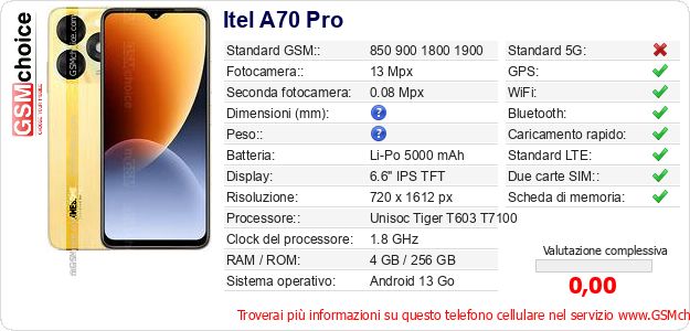 Itel A70 Pro Dati tecnici di telefono cellulare 