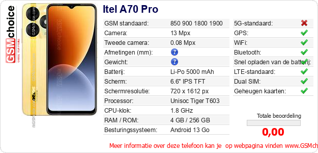 Itel A70 Pro Technische gegevens 