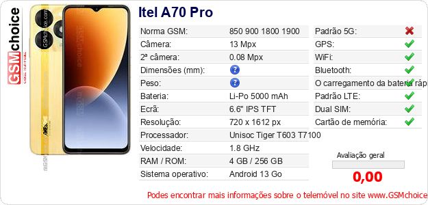 Itel A70 Pro Especificações técnicas do telemóvel Itel A70 Pro Especificações técnicas do telemóvel
