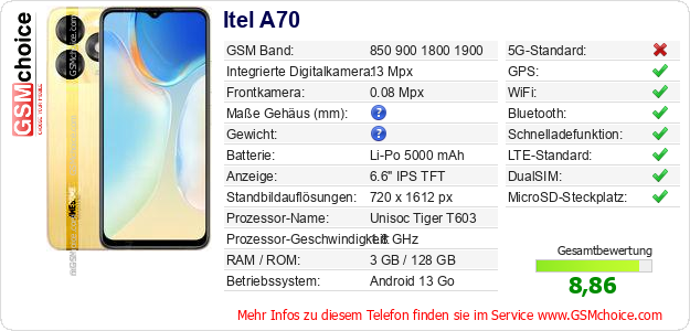 Itel A70 technische Daten Itel A70 technische Daten