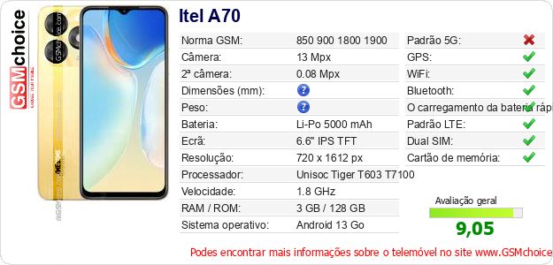 Itel A70 Especificações técnicas do telemóvel Itel A70 Especificações técnicas do telemóvel