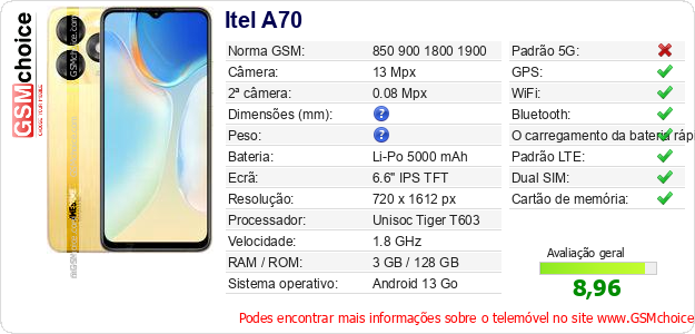 Itel A70 Especificações técnicas do telemóvel 