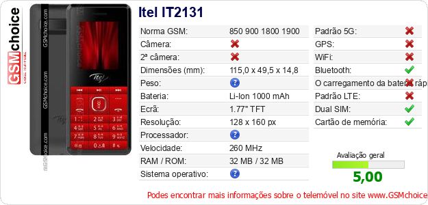 Itel IT2131 Especificações técnicas do telemóvel 