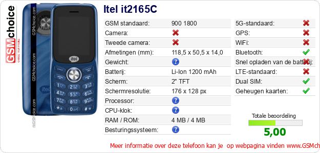 Itel it2165C Technische gegevens Itel it2165C Technische gegevens