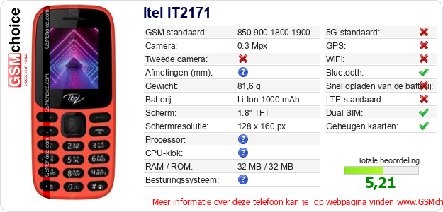 Itel IT2171 Technische gegevens Itel IT2171 Technische gegevens