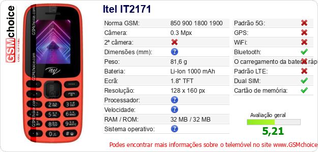 Itel IT2171 Especificações técnicas do telemóvel 