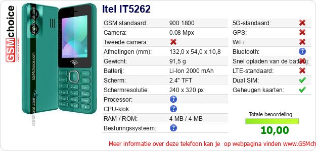 Itel IT5262 Technische gegevens Itel IT5262 Technische gegevens