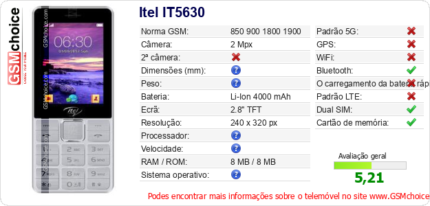 Itel IT5630 Especificações técnicas do telemóvel 