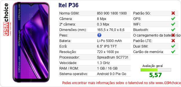 Itel P36 Especificações técnicas do telemóvel 