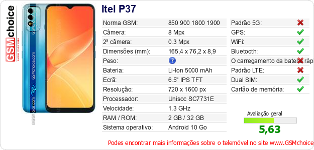 Itel P37 Especificações técnicas do telemóvel Itel P37 Especificações técnicas do telemóvel
