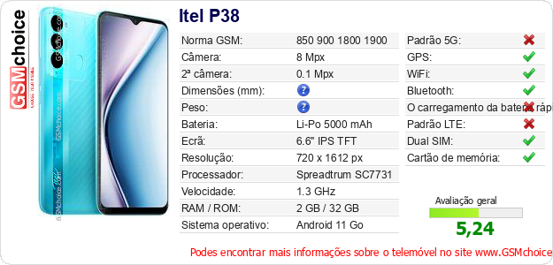 Itel P38 Especificações técnicas do telemóvel 