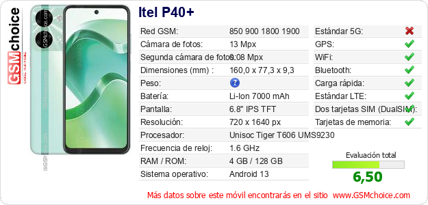 Itel P40+ Datos técnicos del móvil Itel P40+ Datos técnicos del móvil