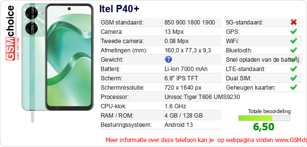Itel P40+ Technische gegevens Itel P40+ Technische gegevens