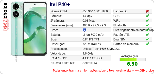 Itel P40+ Especificações técnicas do telemóvel 