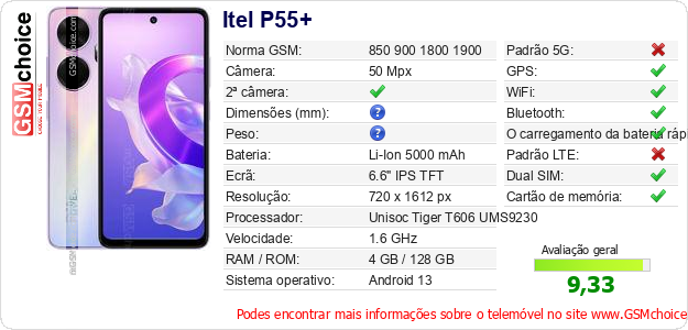 Itel P55+ Especificações técnicas do telemóvel Itel P55+ Especificações técnicas do telemóvel