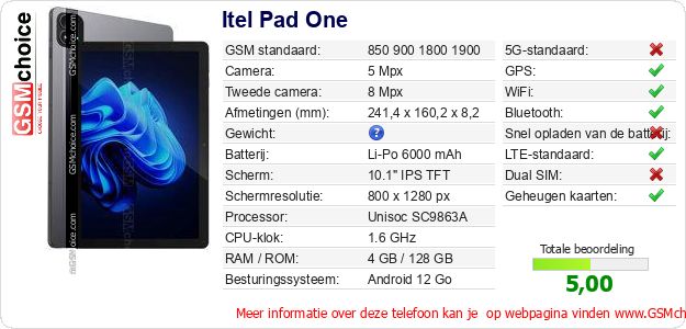 Itel Pad One Technische gegevens Itel Pad One Technische gegevens