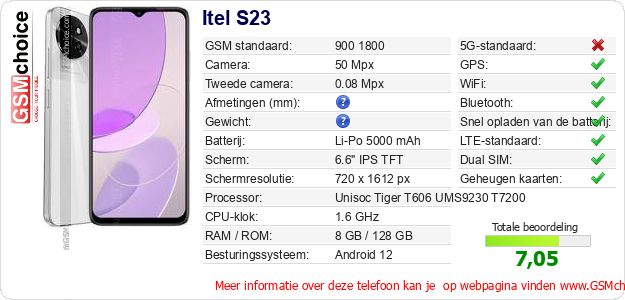 Itel S23 Technische gegevens Itel S23 Technische gegevens