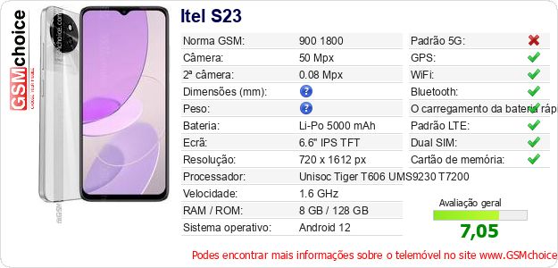 Itel S23 Especificações técnicas do telemóvel Itel S23 Especificações técnicas do telemóvel