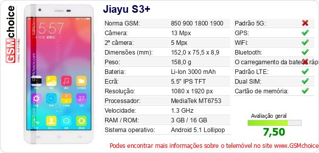 Jiayu S3+ Especificações técnicas do telemóvel Jiayu S3+ Especificações técnicas do telemóvel