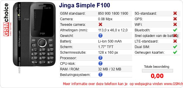 Jinga Simple F100 Technische gegevens Jinga Simple F100 Technische gegevens