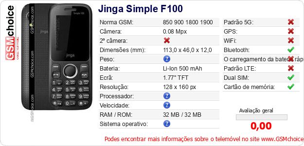 Jinga Simple F100 Especificações técnicas do telemóvel Jinga Simple F100 Especificações técnicas do telemóvel