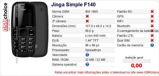 Jinga Simple F140 Especificações técnicas do telemóvel Jinga Simple F140 Especificações técnicas do telemóvel