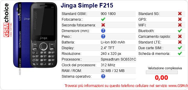 Jinga Simple F215 Dati tecnici di telefono cellulare Jinga Simple F215 Dati tecnici di telefono cellulare
