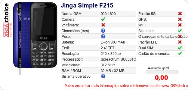 Jinga Simple F215 Especificações técnicas do telemóvel Jinga Simple F215 Especificações técnicas do telemóvel