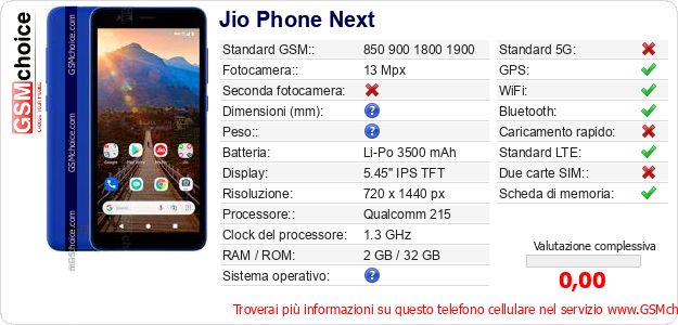 Jio Phone Next Dati tecnici di telefono cellulare 