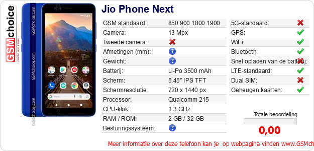 Jio Phone Next Technische gegevens Jio Phone Next Technische gegevens