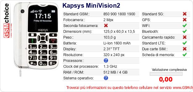 Kapsys MiniVision2 Dati tecnici di telefono cellulare Kapsys MiniVision2 Dati tecnici di telefono cellulare
