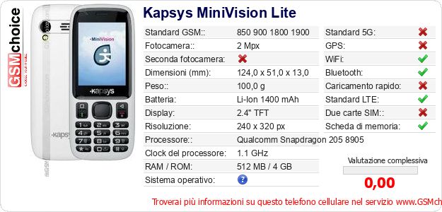 Kapsys MiniVision Lite Dati tecnici di telefono cellulare Kapsys MiniVision Lite Dati tecnici di telefono cellulare