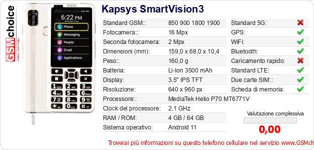 Kapsys SmartVision3 Dati tecnici di telefono cellulare 