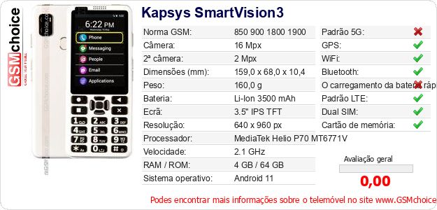 Kapsys SmartVision3 Especificações técnicas do telemóvel 