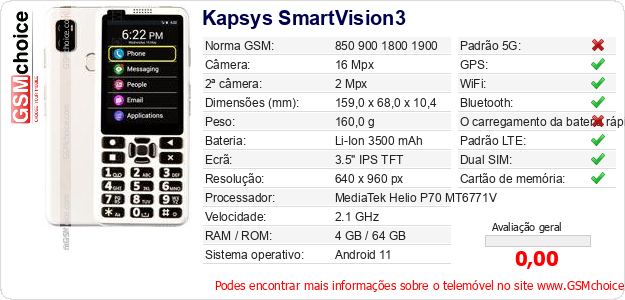 Kapsys SmartVision3 Especificações técnicas do telemóvel Kapsys SmartVision3 Especificações técnicas do telemóvel