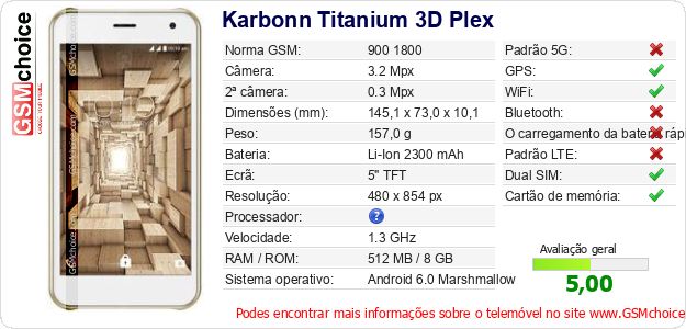 Karbonn Titanium 3D Plex Especificações técnicas do telemóvel Karbonn Titanium 3D Plex Especificações técnicas do telemóvel