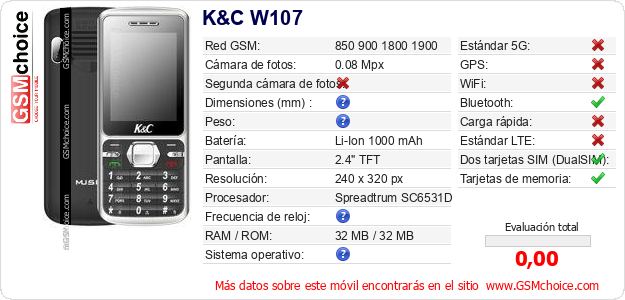 K&C W107 Datos técnicos del móvil 