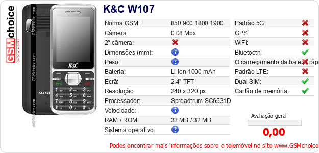 K&C W107 Especificações técnicas do telemóvel 