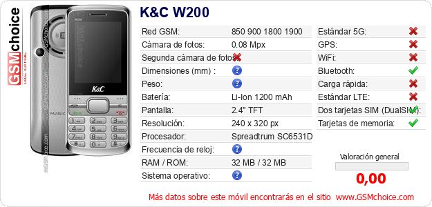 K&C W200 Datos técnicos del móvil K&C W200 Datos técnicos del móvil