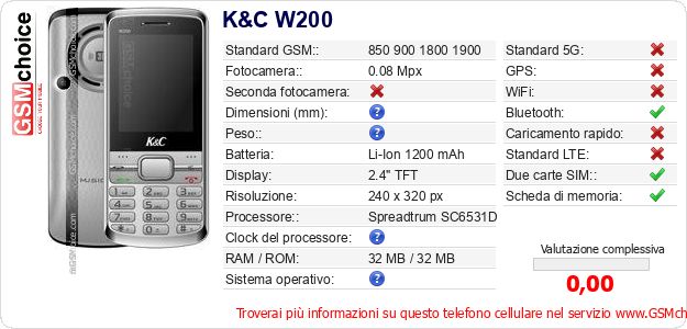 K&C W200 Dati tecnici di telefono cellulare 