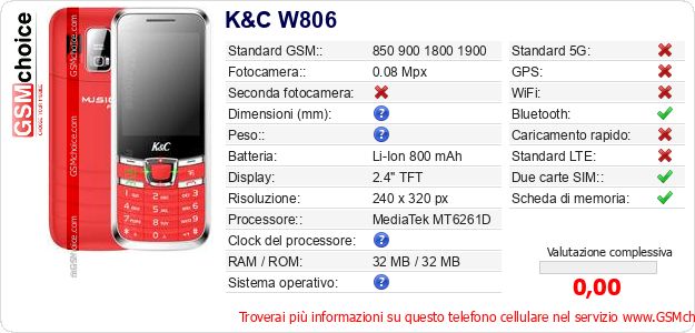 K&C W806 Dati tecnici di telefono cellulare K&C W806 Dati tecnici di telefono cellulare