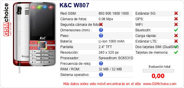 K&C W807 Datos técnicos del móvil 