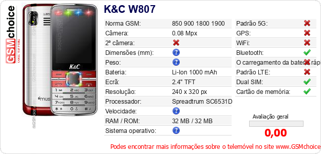 K&C W807 Especificações técnicas do telemóvel 