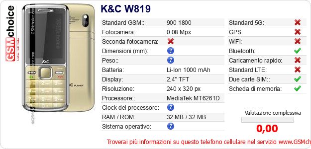 K&C W819 Dati tecnici di telefono cellulare K&C W819 Dati tecnici di telefono cellulare