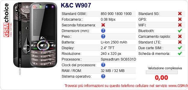 K&C W907 Dati tecnici di telefono cellulare K&C W907 Dati tecnici di telefono cellulare