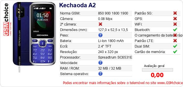 Kechaoda A2 Especificações técnicas do telemóvel Kechaoda A2 Especificações técnicas do telemóvel