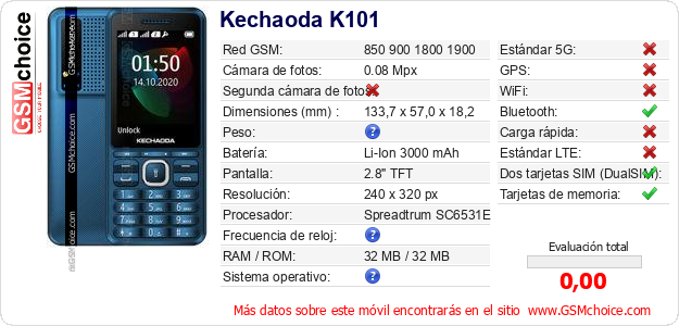 Kechaoda K101 Datos técnicos del móvil 